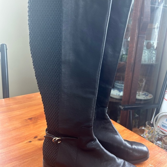 Cole Haan Leather Grand Tall Riding Boots Black Leather/Stretch Woven 7.5 Zip - Picture 2 of 12